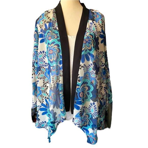 Notations Tops - EUC Notations Blue Floral Cover Up Kimono with Dark Blue Trim Waterfall …